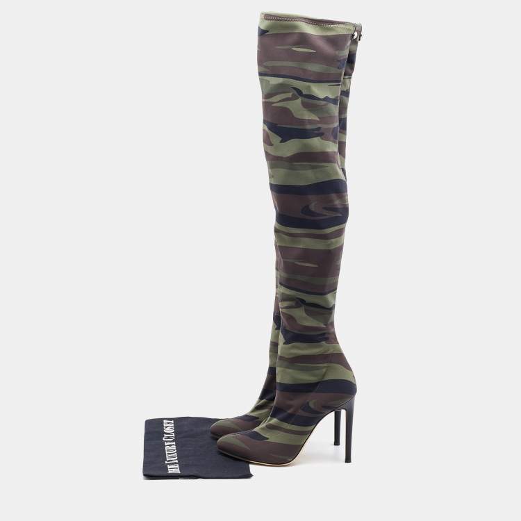 Pre Owned Giuseppe Zanotti Multicolor Camouflage Stretch Fabric Thigh High Boots Size 37