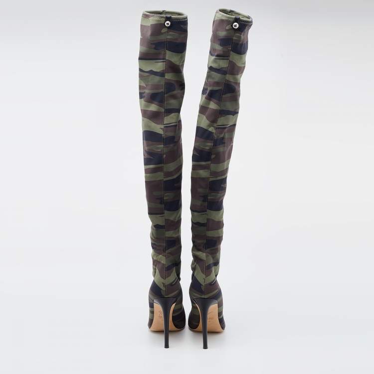 Pre Owned Giuseppe Zanotti Multicolor Camouflage Stretch Fabric Thigh High Boots Size 37