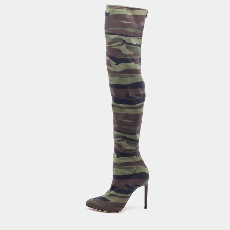 Pre Owned Giuseppe Zanotti Multicolor Camouflage Stretch Fabric Thigh High Boots Size 37