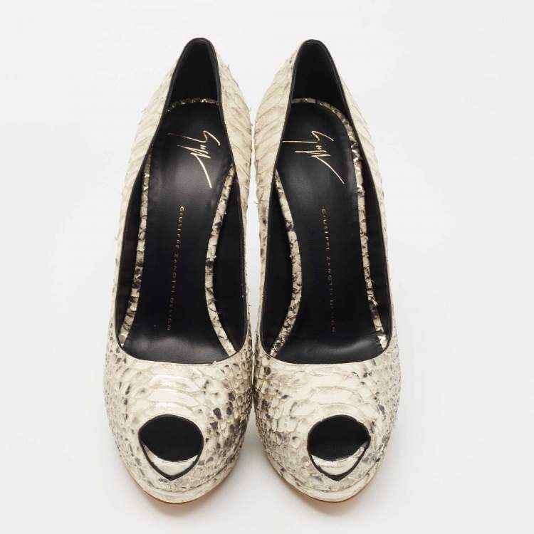 Pre Owned Giuseppe Zanotti Cream/Black Python Embossed Leather Sharon Peep Toe Platform Pumps Size 39