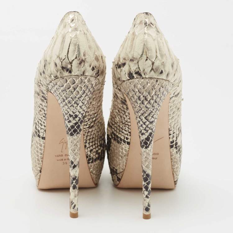 Pre Owned Giuseppe Zanotti Cream/Black Python Embossed Leather Sharon Peep Toe Platform Pumps Size 39
