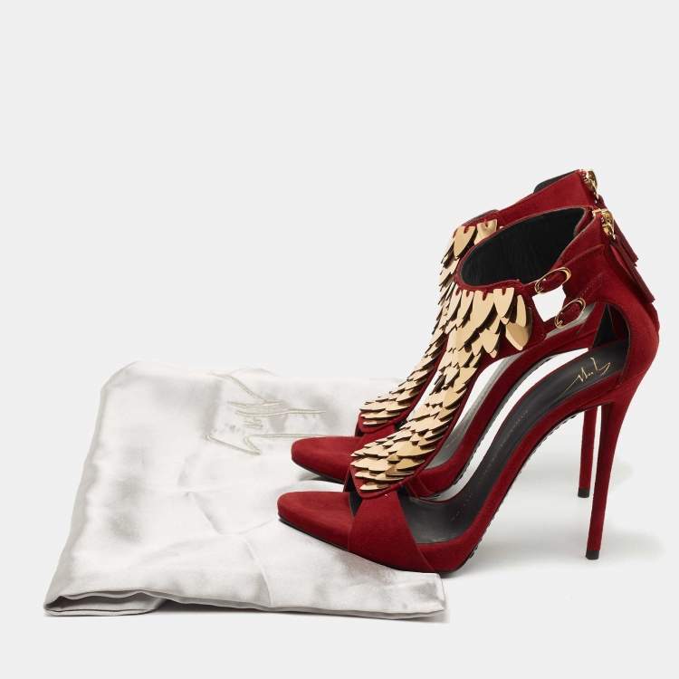 Pre Owned Giuseppe Zanotti Cherry Red Suede Embellished Peep Toe Sandals Size 36
