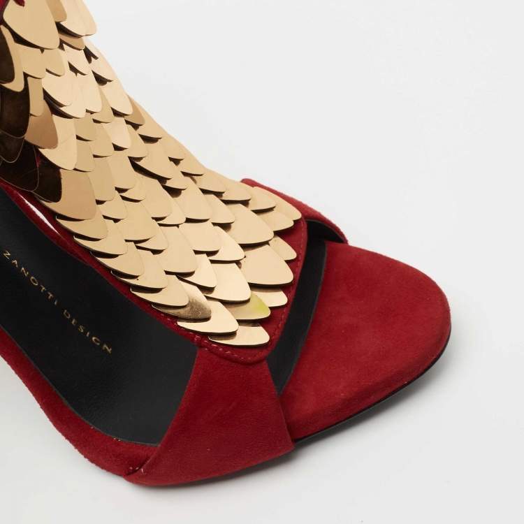 Pre Owned Giuseppe Zanotti Cherry Red Suede Embellished Peep Toe Sandals Size 36