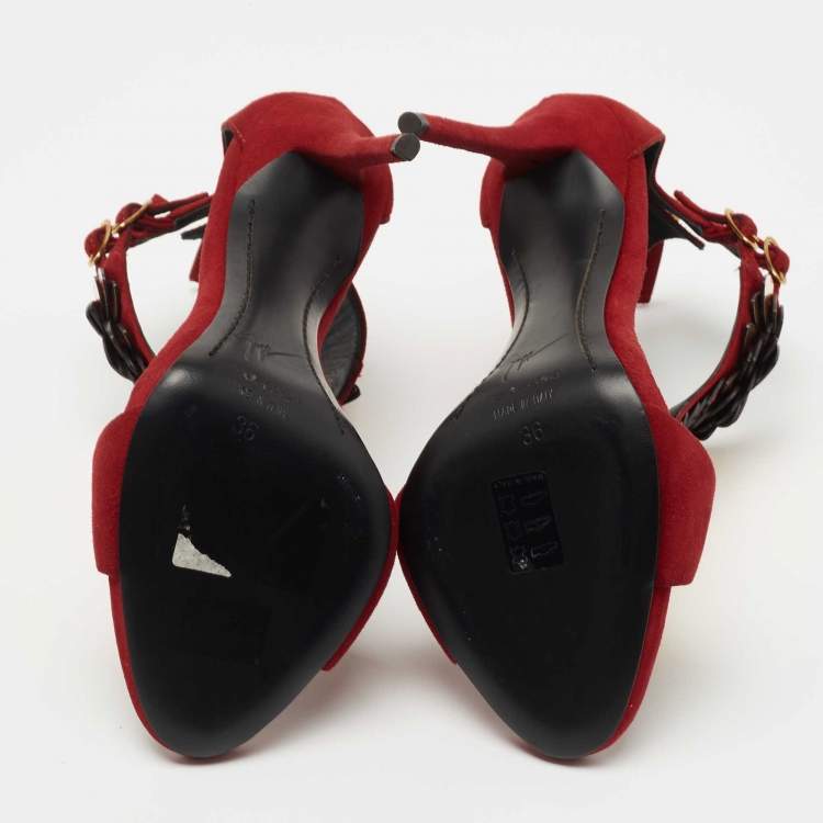 Pre Owned Giuseppe Zanotti Cherry Red Suede Embellished Peep Toe Sandals Size 36
