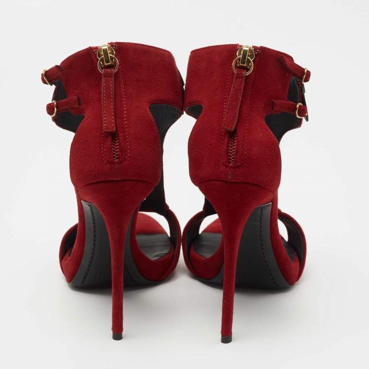 Pre Owned Giuseppe Zanotti Cherry Red Suede Embellished Peep Toe Sandals Size 36