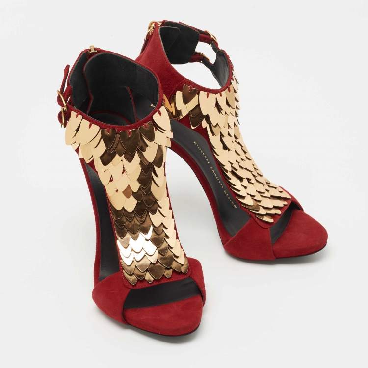 Pre Owned Giuseppe Zanotti Cherry Red Suede Embellished Peep Toe Sandals Size 36
