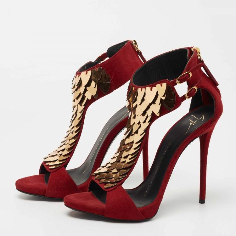 Pre Owned Giuseppe Zanotti Cherry Red Suede Embellished Peep Toe Sandals Size 36