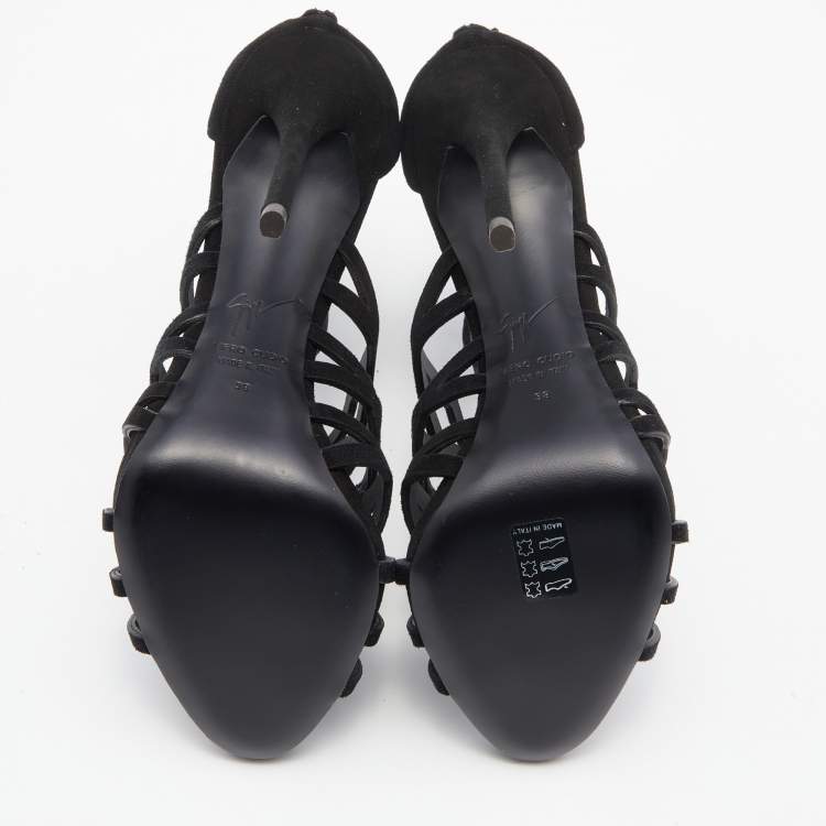 Pre Owned Giuseppe Zanotti Black Suede Cutout Caged Ankle Strap Sandals Size 38
