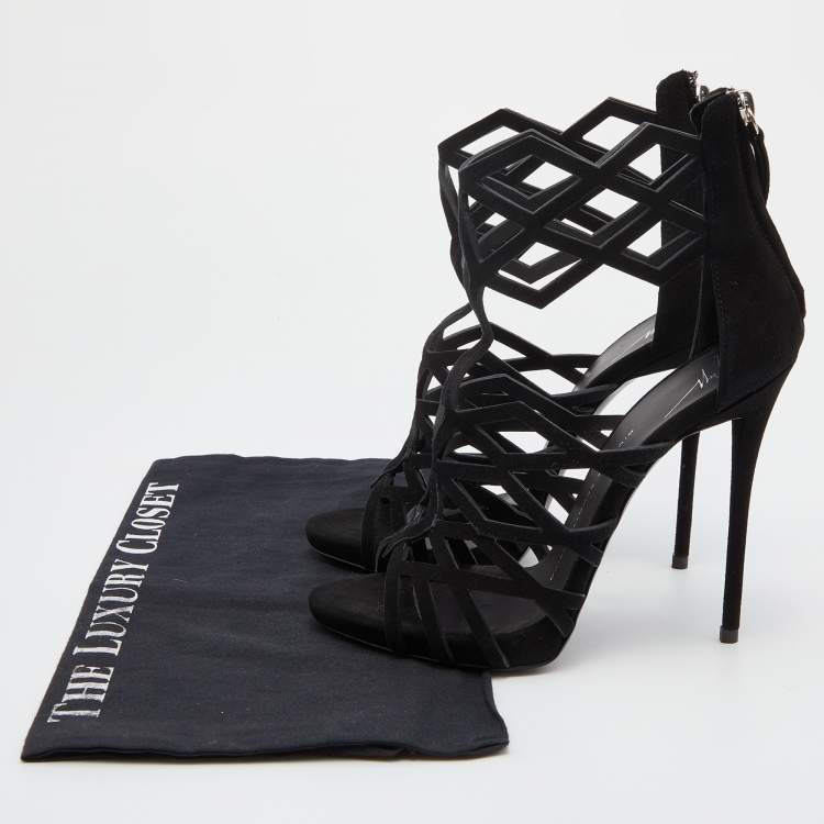 Pre Owned Giuseppe Zanotti Black Suede Cutout Caged Ankle Strap Sandals Size 38