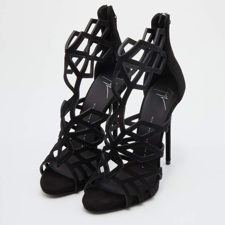 Pre Owned Giuseppe Zanotti Black Suede Cutout Caged Ankle Strap Sandals Size 38