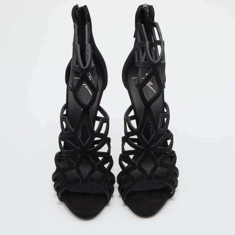 Pre Owned Giuseppe Zanotti Black Suede Cutout Caged Ankle Strap Sandals Size 38