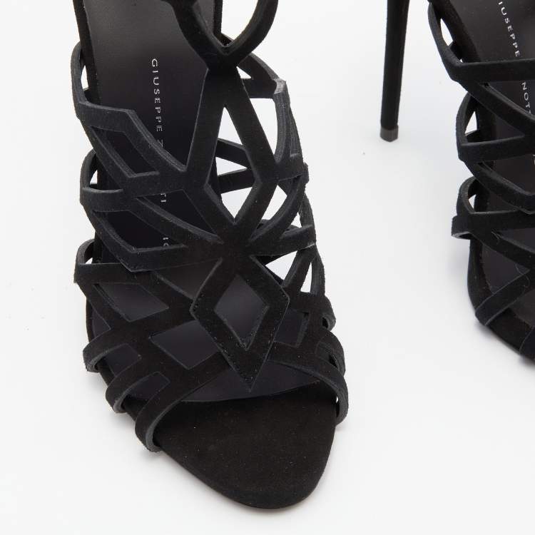Pre Owned Giuseppe Zanotti Black Suede Cutout Caged Ankle Strap Sandals Size 38