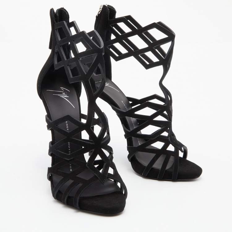 Pre Owned Giuseppe Zanotti Black Suede Cutout Caged Ankle Strap Sandals Size 38