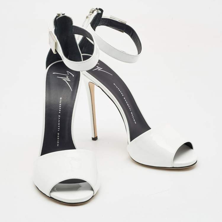 Pre Owned Giuseppe Zanotti White Patent Leather Peep Toe Ankle Strap Sandals Size 41