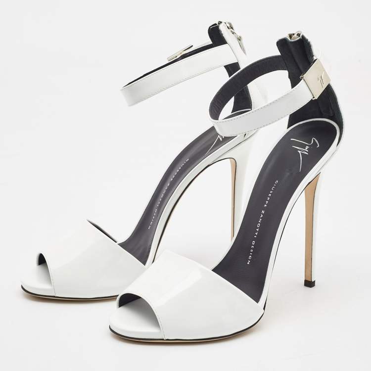 Pre Owned Giuseppe Zanotti White Patent Leather Peep Toe Ankle Strap Sandals Size 41