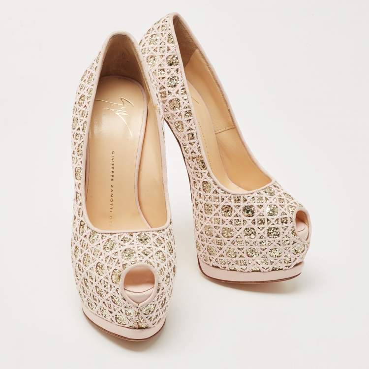 Pre Owned Giuseppe Zanotti Pink Glitter Lace Sharon Platform Peep Toe Pumps Size 36