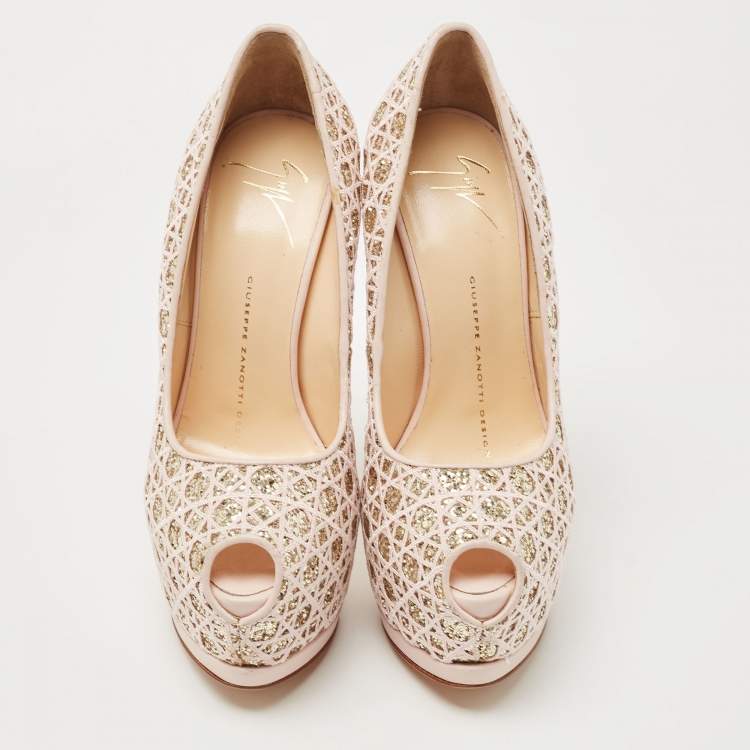 Pre Owned Giuseppe Zanotti Pink Glitter Lace Sharon Platform Peep Toe Pumps Size 36