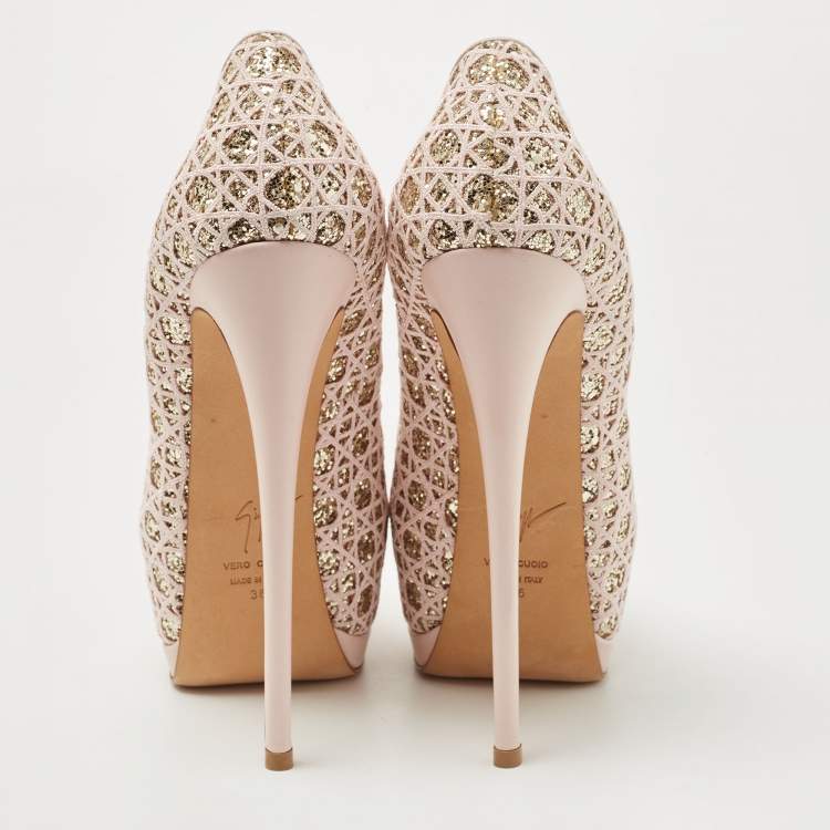 Pre Owned Giuseppe Zanotti Pink Glitter Lace Sharon Platform Peep Toe Pumps Size 36