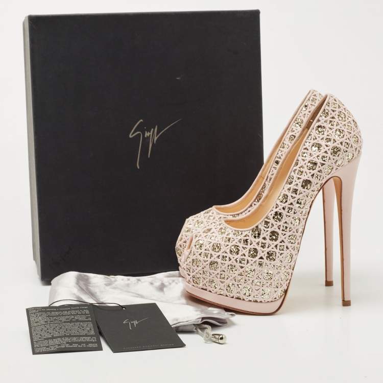 Pre Owned Giuseppe Zanotti Pink Glitter Lace Sharon Platform Peep Toe Pumps Size 36