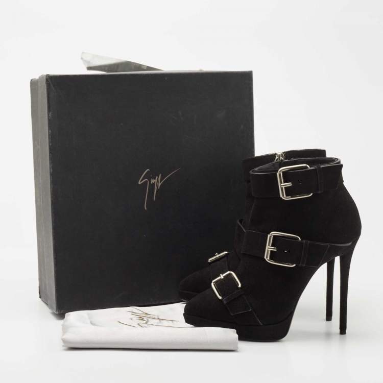 Pre Owned Giuseppe Zanotti Black Suede Emy Buckle Detail Platform Ankle Boots Size 38