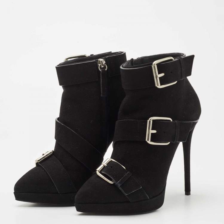 Pre Owned Giuseppe Zanotti Black Suede Emy Buckle Detail Platform Ankle Boots Size 38