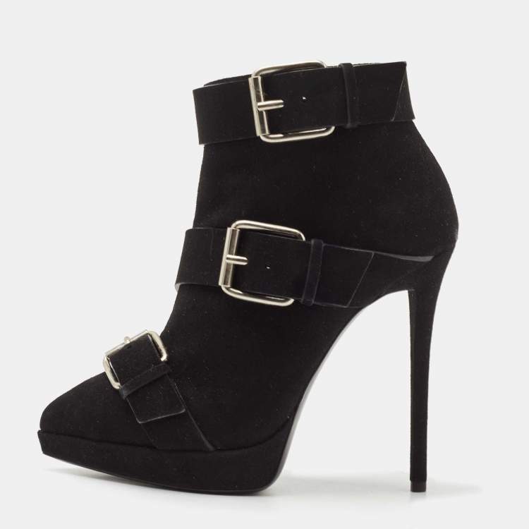 Pre Owned Giuseppe Zanotti Black Suede Emy Buckle Detail Platform Ankle Boots Size 38