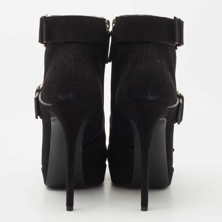 Pre Owned Giuseppe Zanotti Black Suede Emy Buckle Detail Platform Ankle Boots Size 38