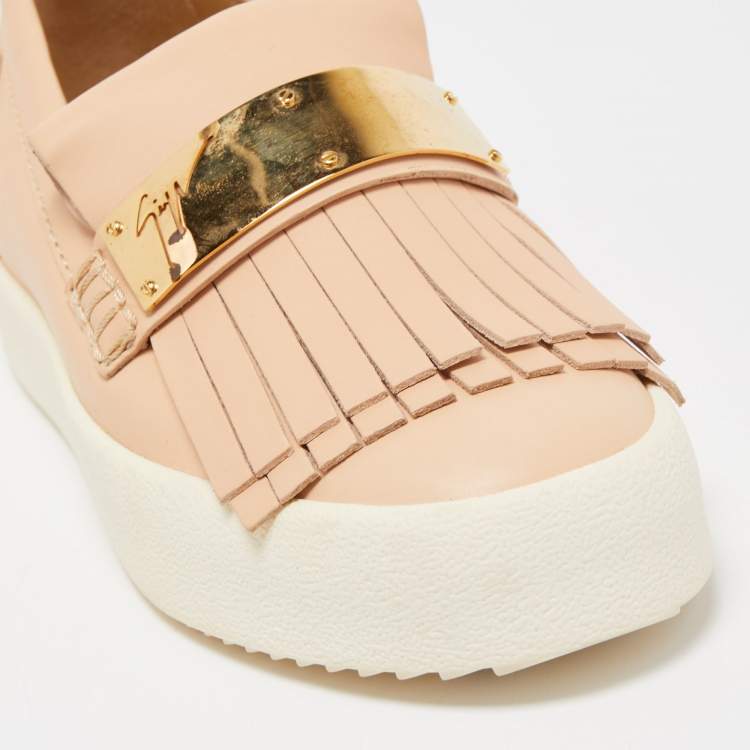 Pre Owned Giuseppe Zanotti Beige Fringed Leather Slip On Sneakers Size 38