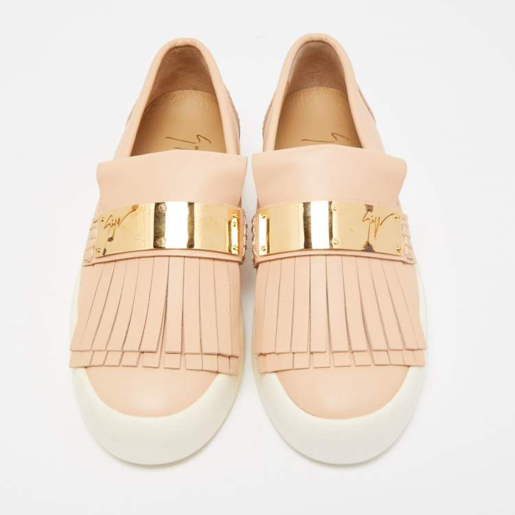 Pre Owned Giuseppe Zanotti Beige Fringed Leather Slip On Sneakers Size 38