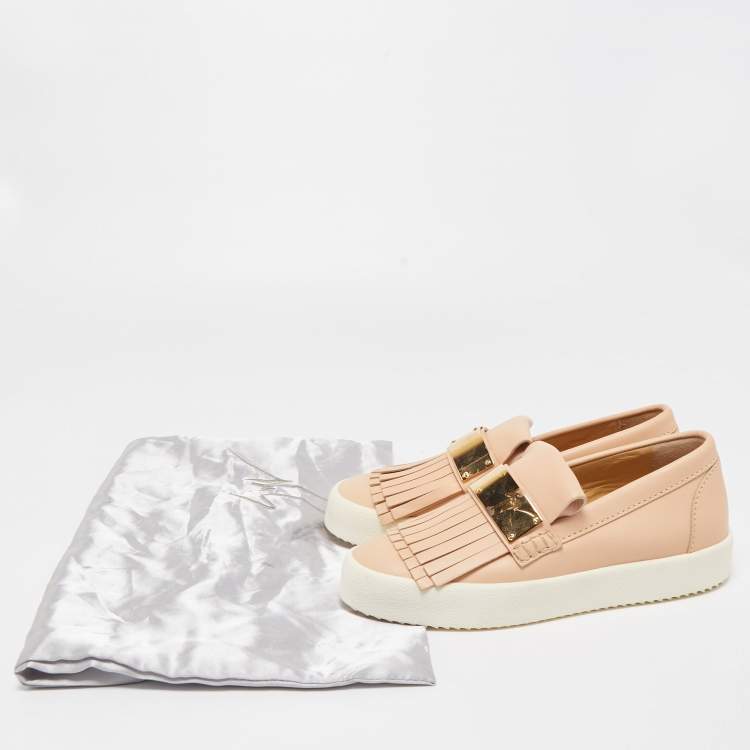 Pre Owned Giuseppe Zanotti Beige Fringed Leather Slip On Sneakers Size 38