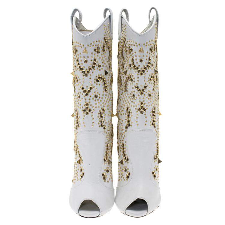 Pre Owned Giuseppe Zanotti White Studded Leather Coline Peep Toe Mid Calf Boots Size 37