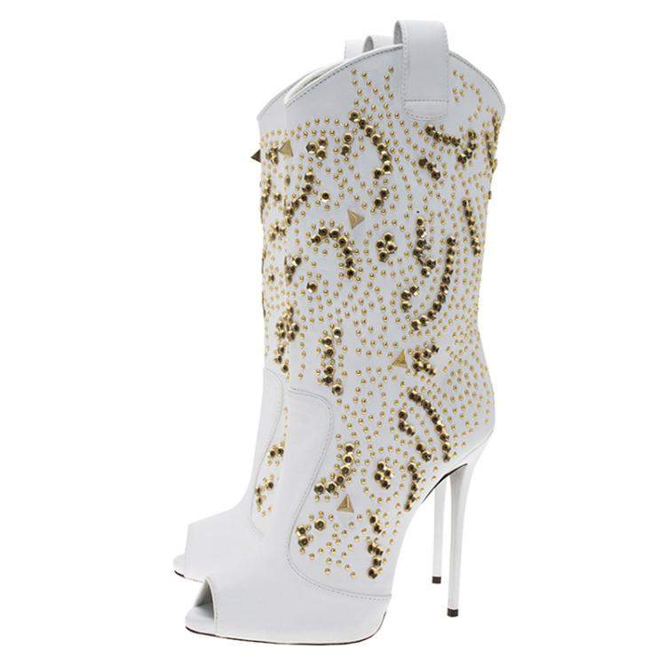 Pre Owned Giuseppe Zanotti White Studded Leather Coline Peep Toe Mid Calf Boots Size 37