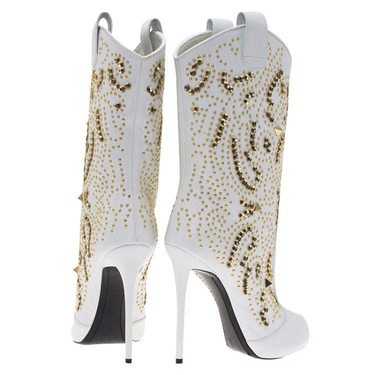 Pre Owned Giuseppe Zanotti White Studded Leather Coline Peep Toe Mid Calf Boots Size 37