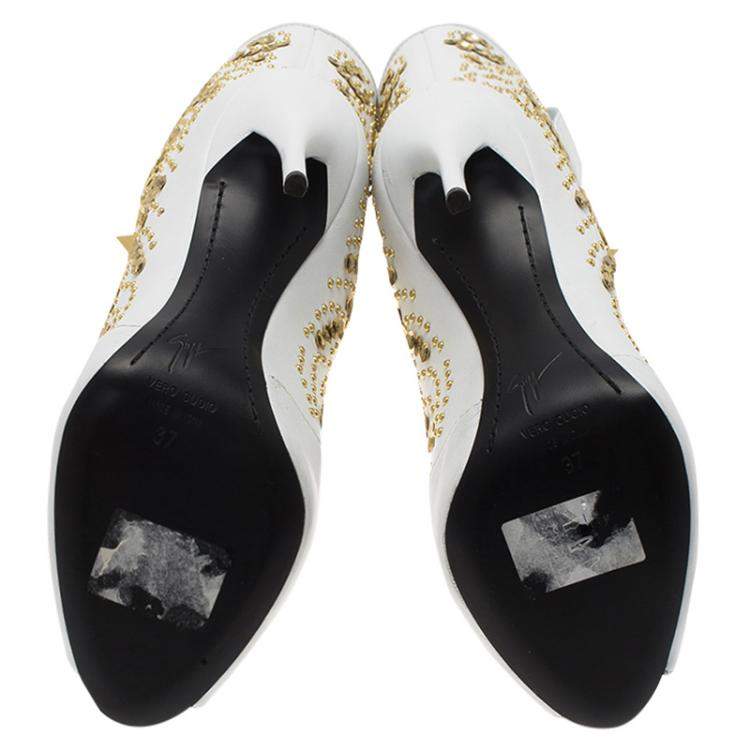 Pre Owned Giuseppe Zanotti White Studded Leather Coline Peep Toe Mid Calf Boots Size 37
