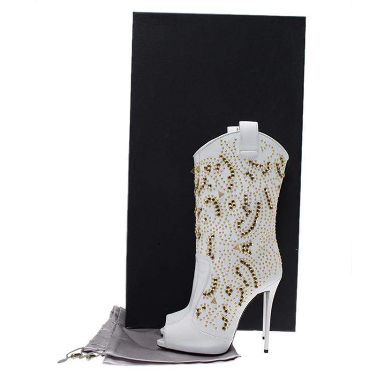Pre Owned Giuseppe Zanotti White Studded Leather Coline Peep Toe Mid Calf Boots Size 37
