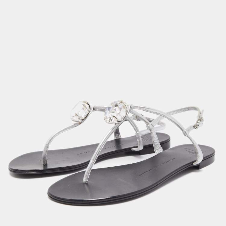 Pre Owned Giuseppe Zanotti Black /Silver Leather Crystal Embellished Thong Flats Size 38.5