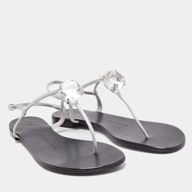 Pre Owned Giuseppe Zanotti Black /Silver Leather Crystal Embellished Thong Flats Size 38.5