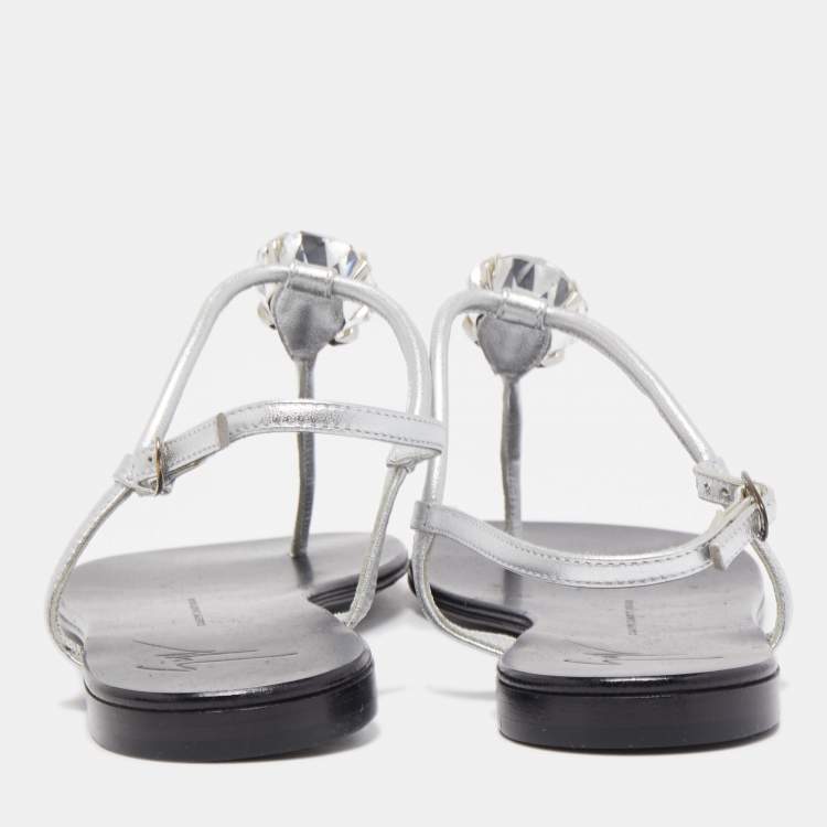 Pre Owned Giuseppe Zanotti Black /Silver Leather Crystal Embellished Thong Flats Size 38.5
