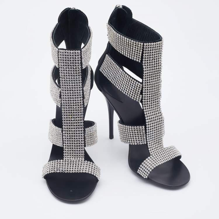 Pre Owned Giuseppe Zanotti Black Suede  Crystal Embellished Ankle Strap Sandals  Size 37