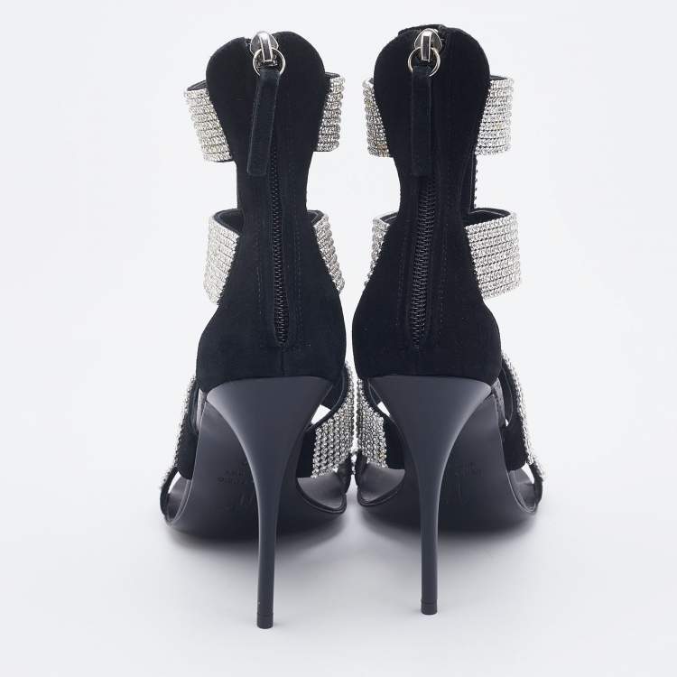 Pre Owned Giuseppe Zanotti Black Suede  Crystal Embellished Ankle Strap Sandals  Size 37
