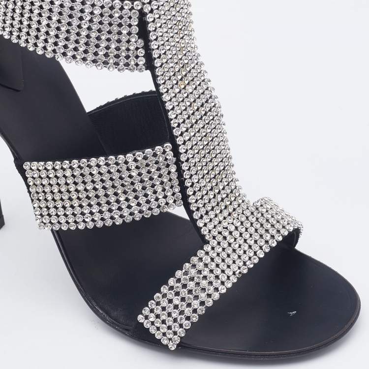Pre Owned Giuseppe Zanotti Black Suede  Crystal Embellished Ankle Strap Sandals  Size 37