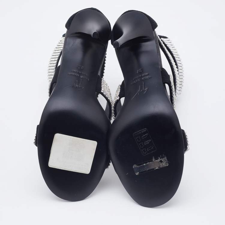 Pre Owned Giuseppe Zanotti Black Suede  Crystal Embellished Ankle Strap Sandals  Size 37