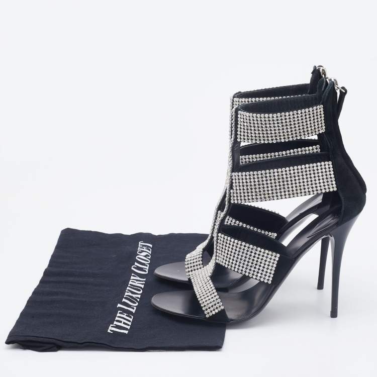 Pre Owned Giuseppe Zanotti Black Suede  Crystal Embellished Ankle Strap Sandals  Size 37