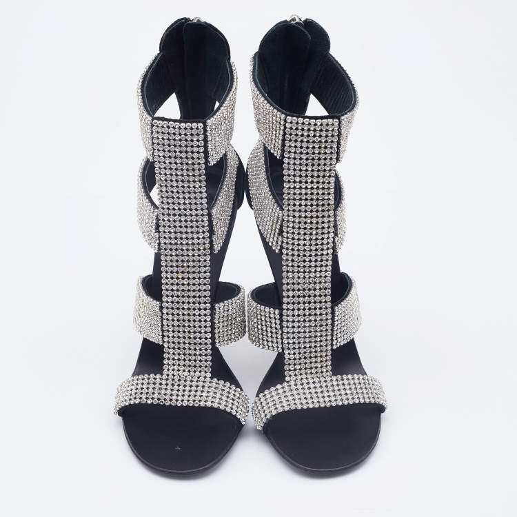 Pre Owned Giuseppe Zanotti Black Suede  Crystal Embellished Ankle Strap Sandals  Size 37