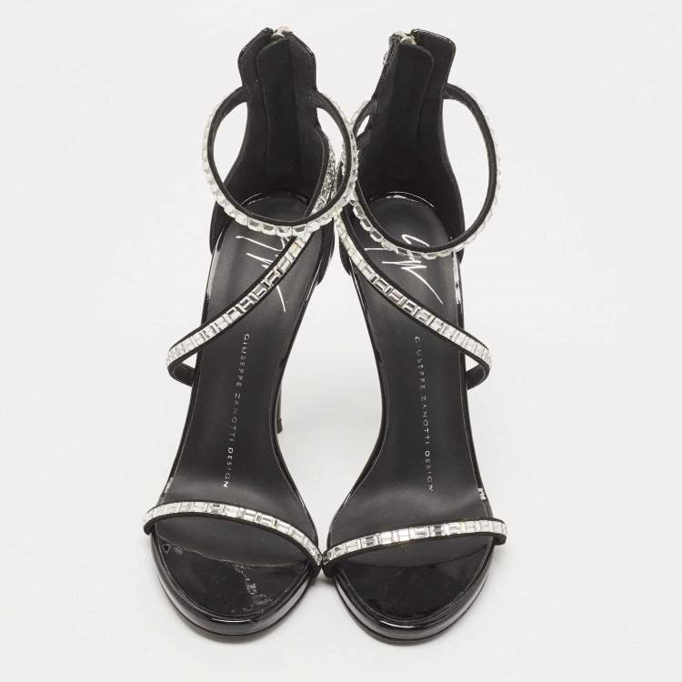 Pre Owned Giuseppe Zanotti Black Patent Crystal Embellished Ankle Wrap Sandals Size 35