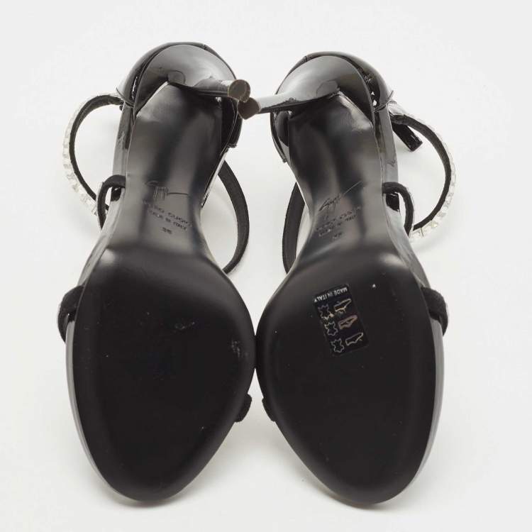 Pre Owned Giuseppe Zanotti Black Patent Crystal Embellished Ankle Wrap Sandals Size 35
