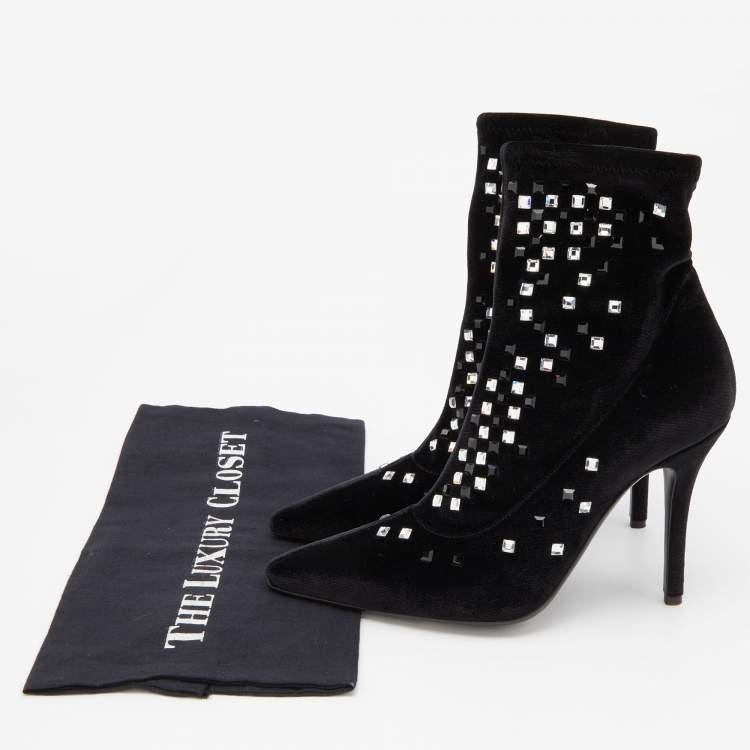 Pre Owned Giuseppe Zanotti Black Velvet Crystal Embellished Ankle Booties Size 38