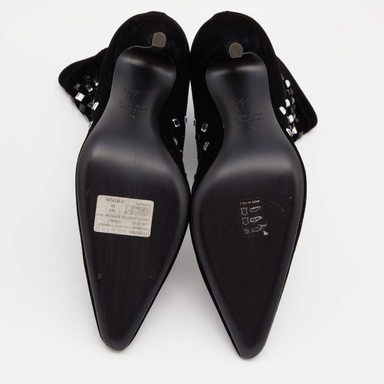 Pre Owned Giuseppe Zanotti Black Velvet Crystal Embellished Ankle Booties Size 38