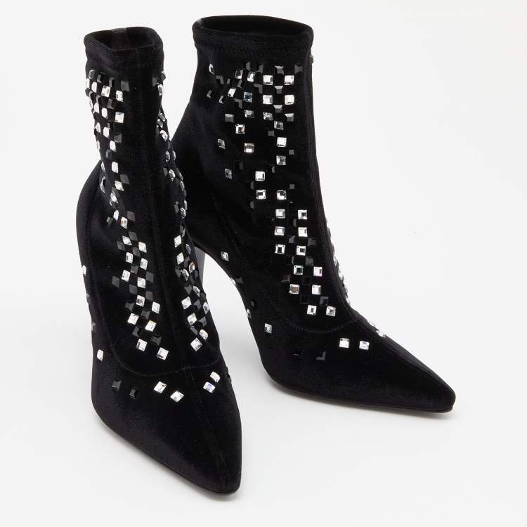 Pre Owned Giuseppe Zanotti Black Velvet Crystal Embellished Ankle Booties Size 38