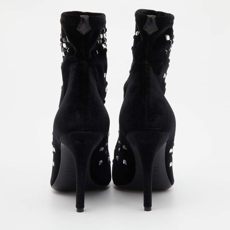 Pre Owned Giuseppe Zanotti Black Velvet Crystal Embellished Ankle Booties Size 38